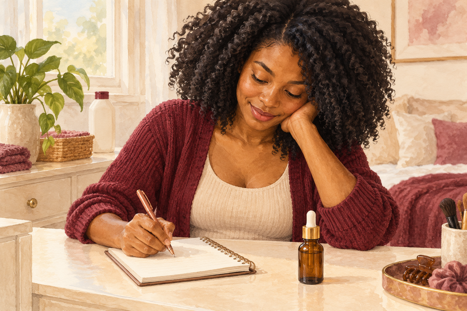 A woman makes routine notes beside one new hair serum.