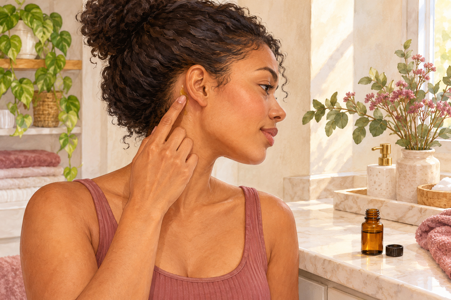 A woman applies a tiny oil test spot behind her ear with a natural fingertip.