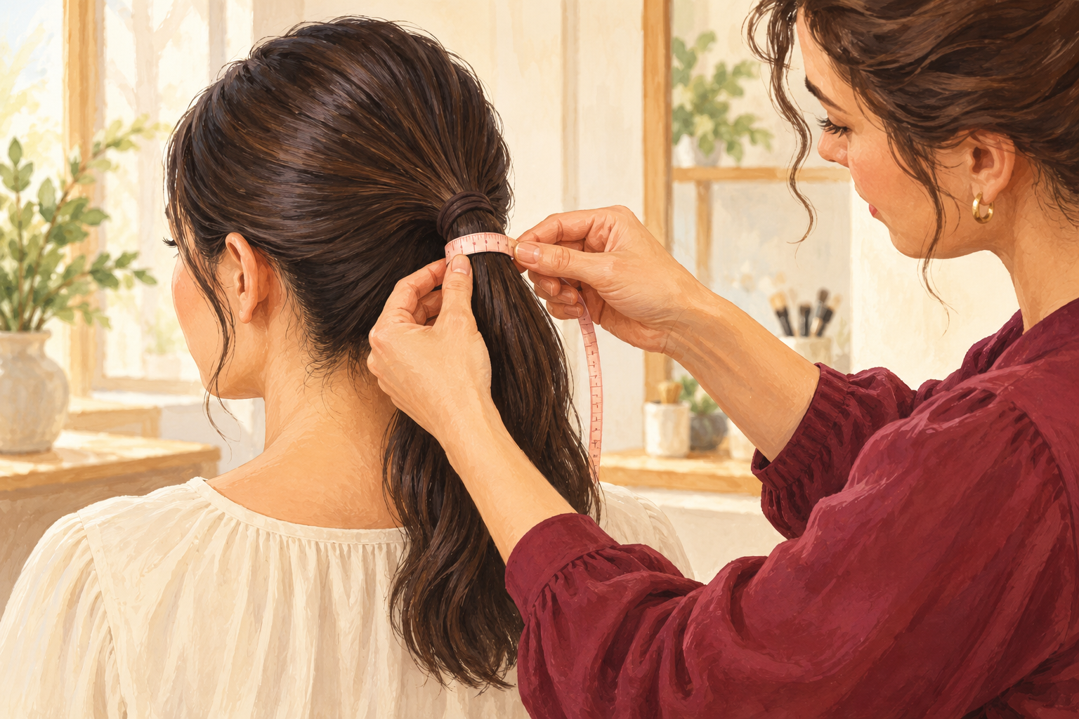 A helper wraps a flexible measuring tape fully around a woman's ponytail.