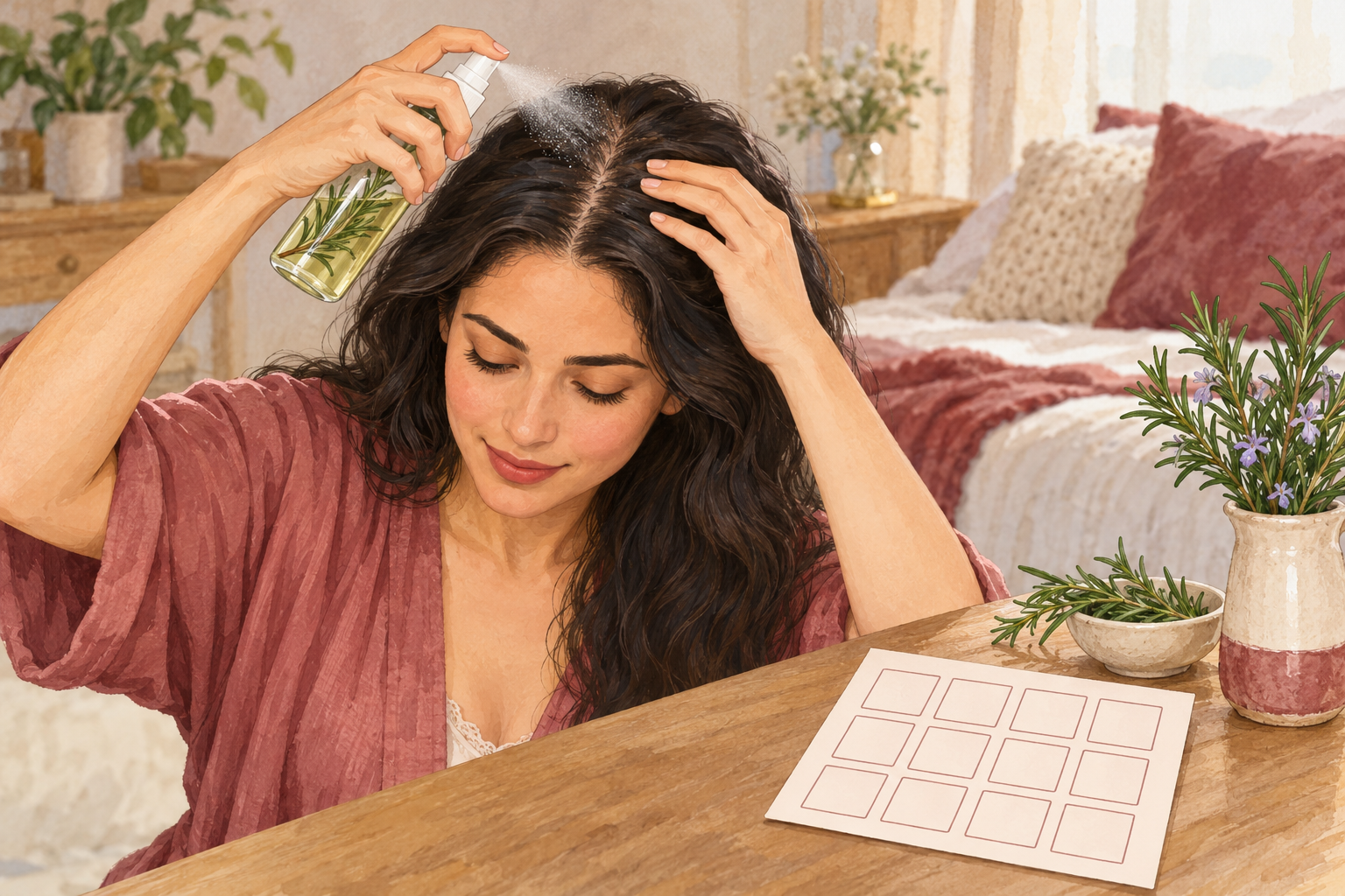 A woman mists rosemary water toward her scalp part beside a blank twelve-week record.