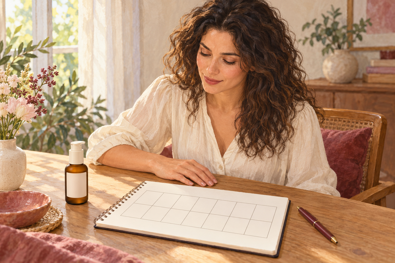 A woman reviews a blank fourteen-cell test record beside a hair serum.