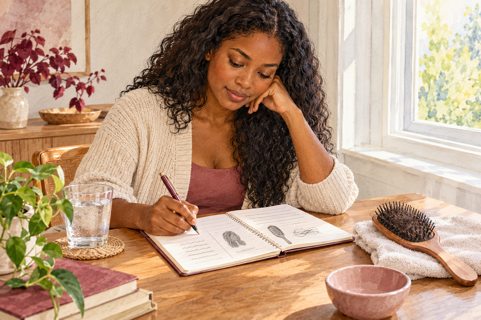 A woman writes a monthly hair-routine review beside a brush and notebook.