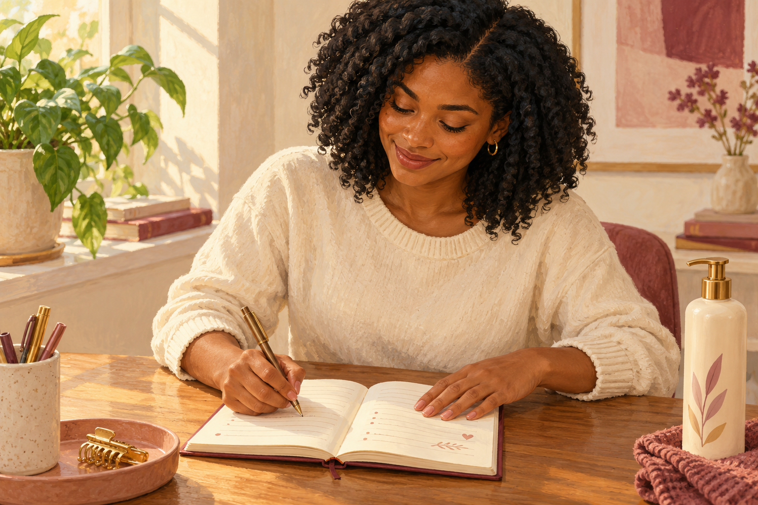 A woman keeps a short hair-routine journal with a naturally supported writing hand.