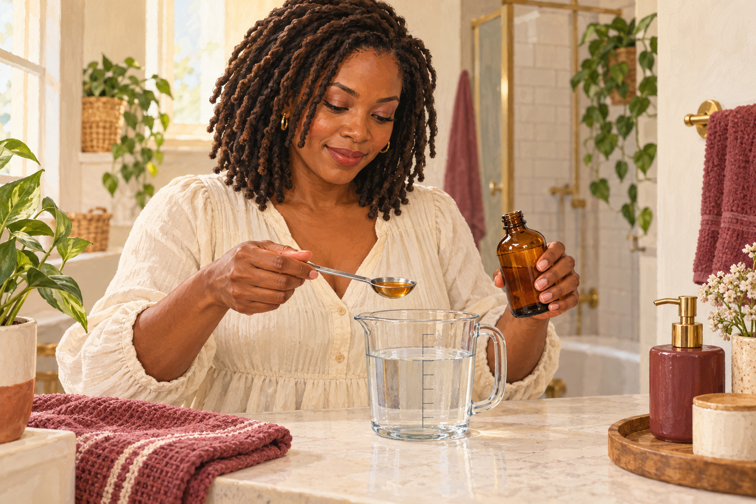 A woman with recognizable locs measures a small amount of rinse into a water-filled dilution jug.