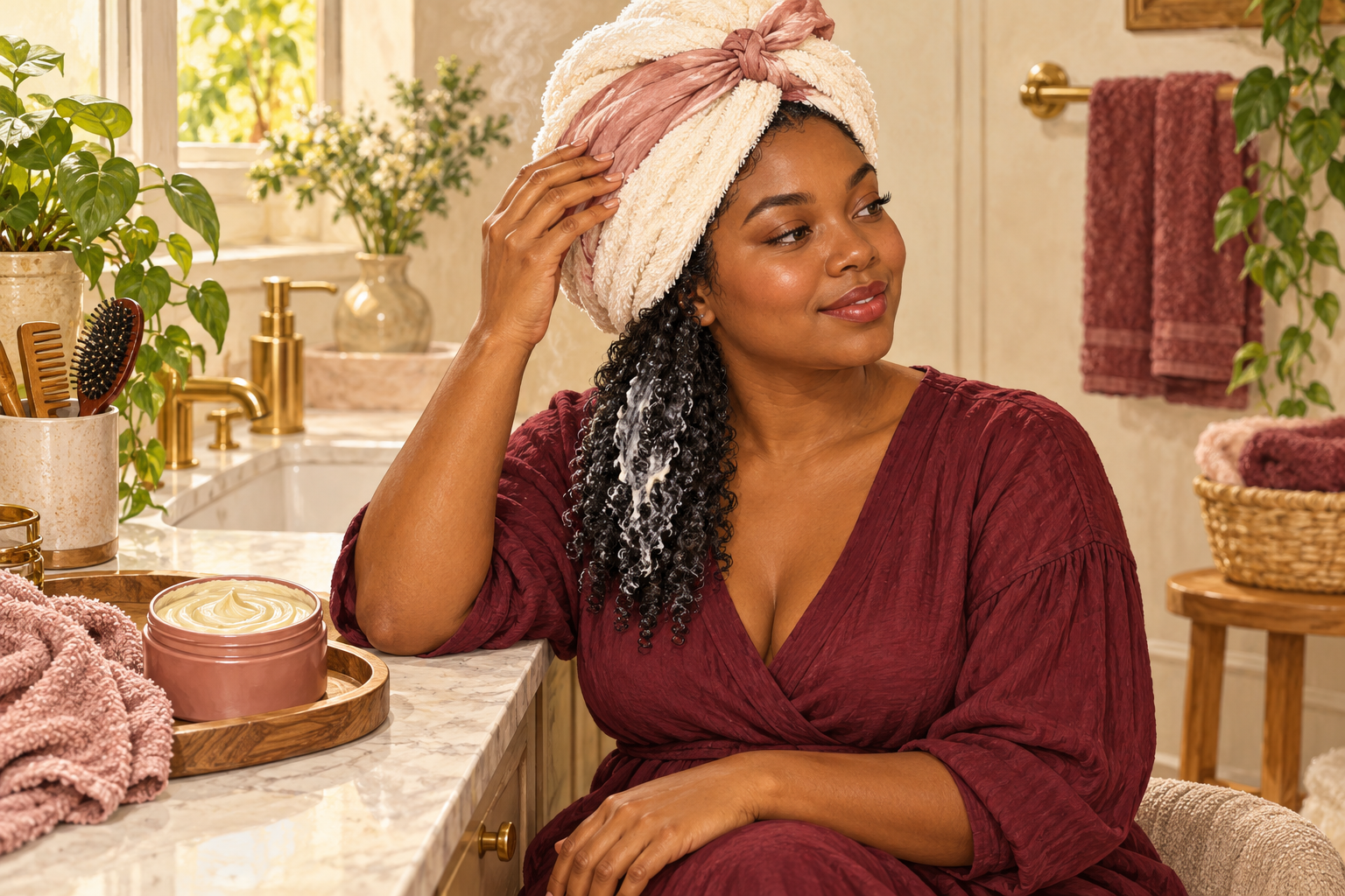 A woman deep conditions with a warm towel and scarf, with conditioner visible on a loose curl section.