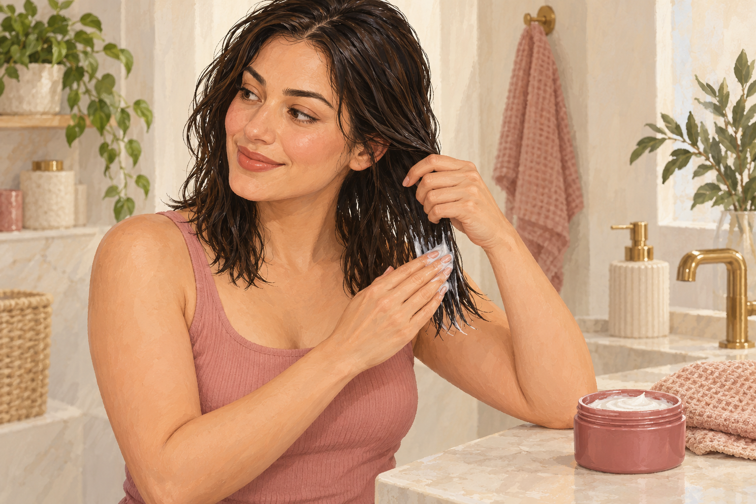 A woman keeps conditioner on the lower hair lengths and away from her roots.