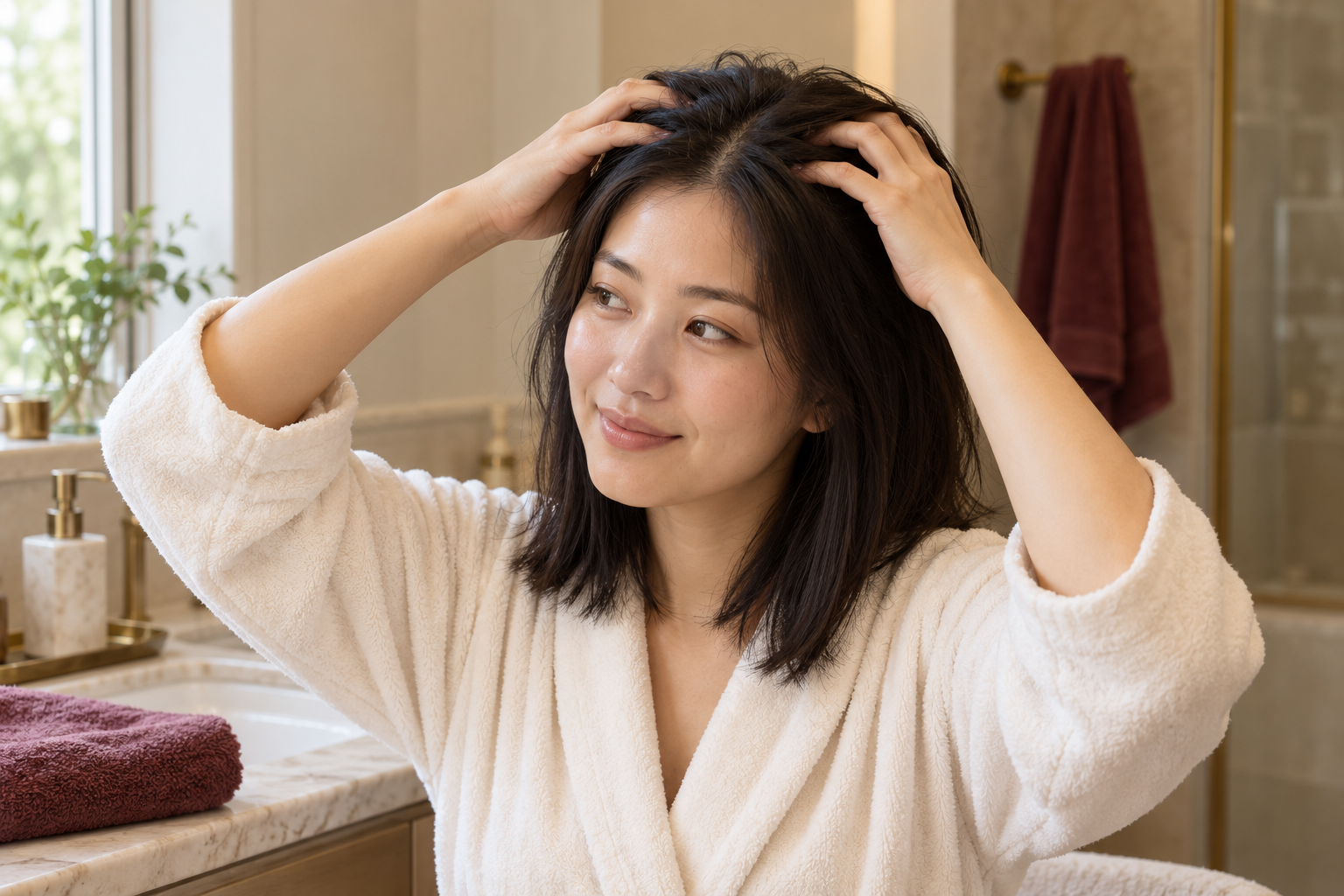 An adult woman gently massages her scalp with both hands in a cream bathroom.