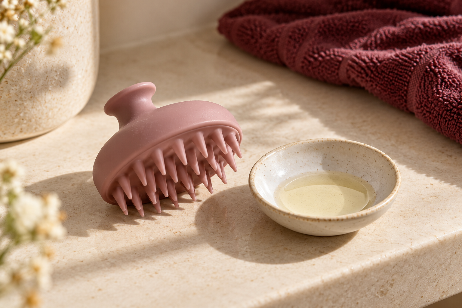 A soft scalp brush and a small dish of lightweight oil on a cream bathroom counter.