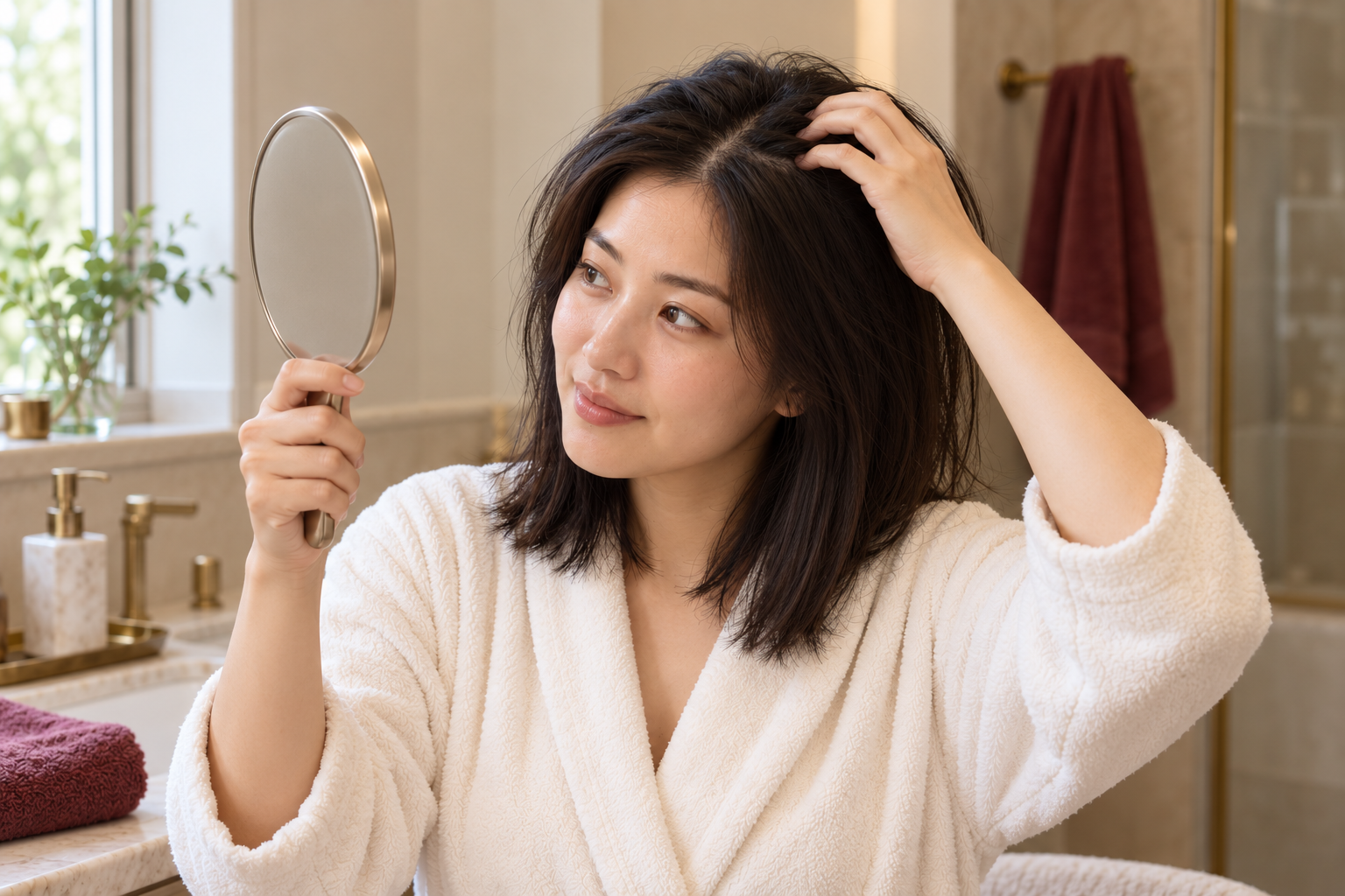 A woman uses a hand mirror while gently parting her hair to check her scalp.