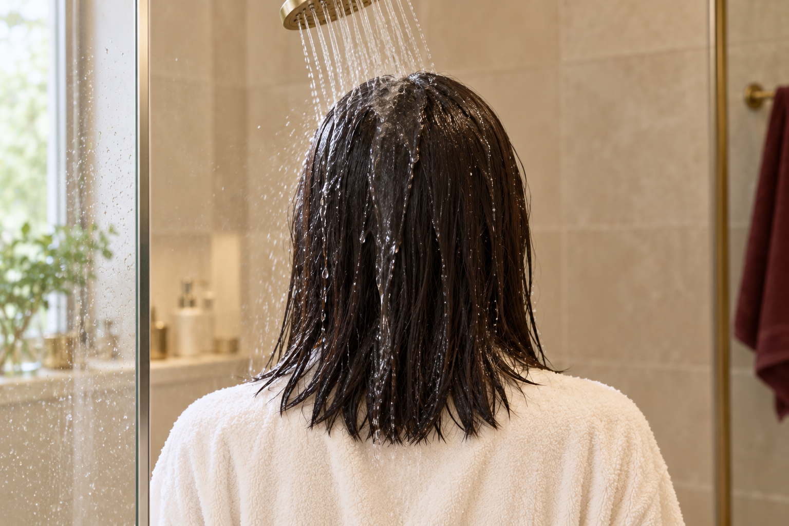 Water rinses from the crown down the attached dark hair over covered shoulders.