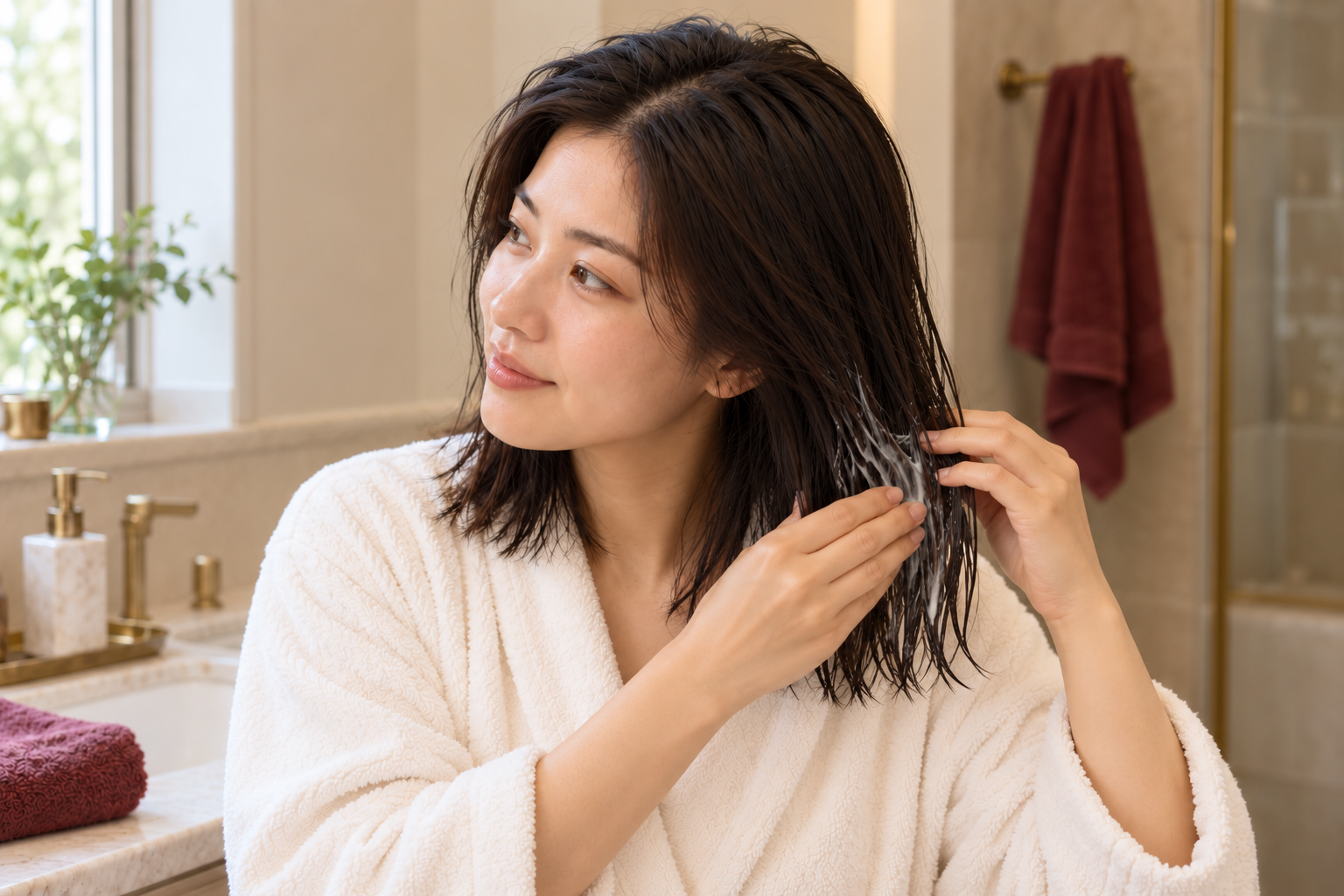 A woman smooths conditioner onto the damp lower lengths of her attached hair.