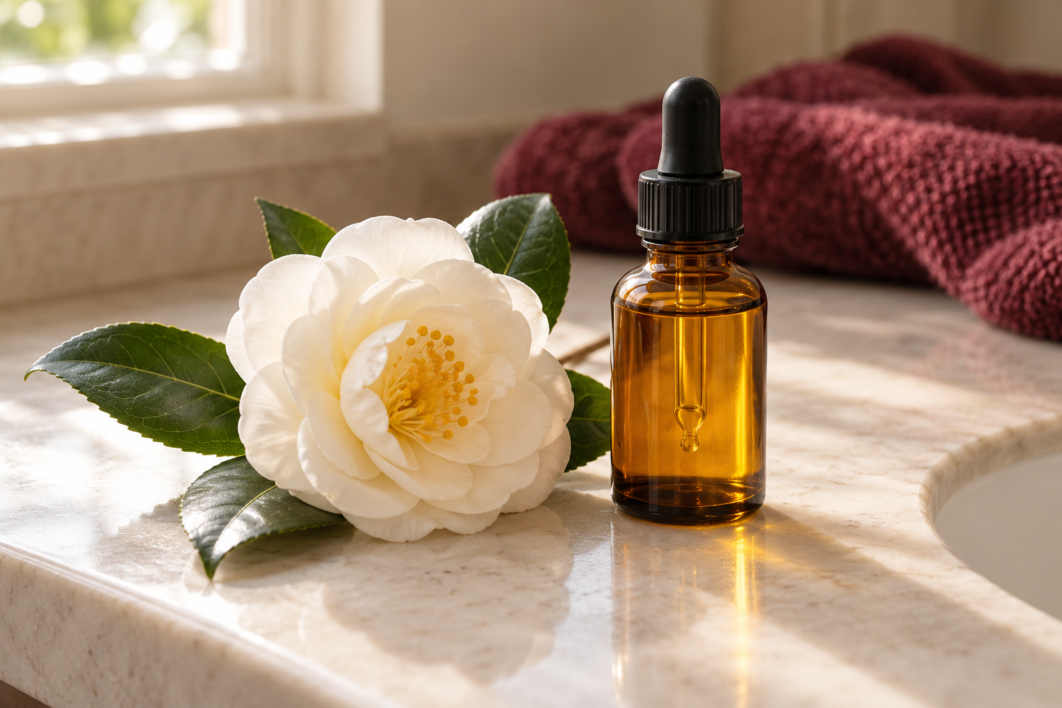 An unbranded amber dropper bottle beside a white camellia flower and glossy leaves.