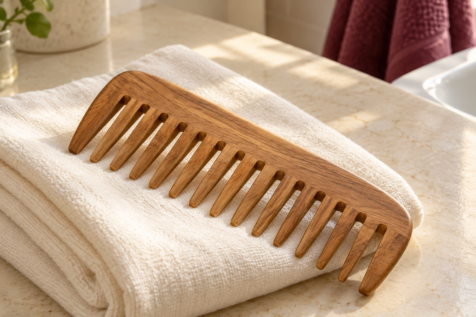 A smooth wooden wide-tooth comb rests diagonally on a folded ivory cloth.
