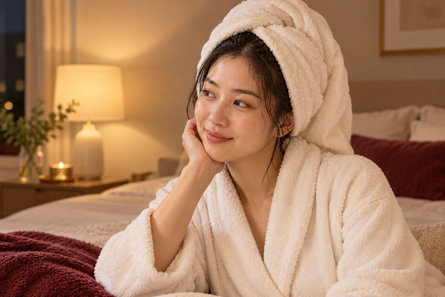 A woman relaxes in the evening with a soft towel around her head and damp strands at the hairline.