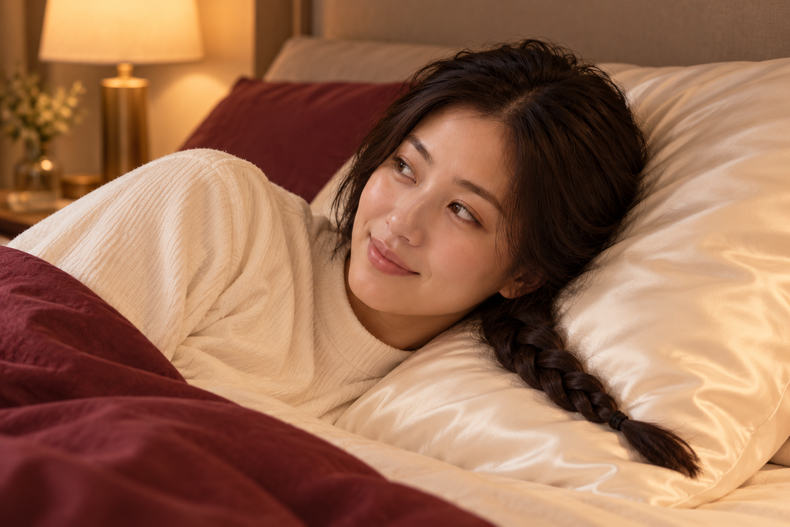 A woman lies with her head on a smooth pillowcase, her loose braid still attached and resting beside her.