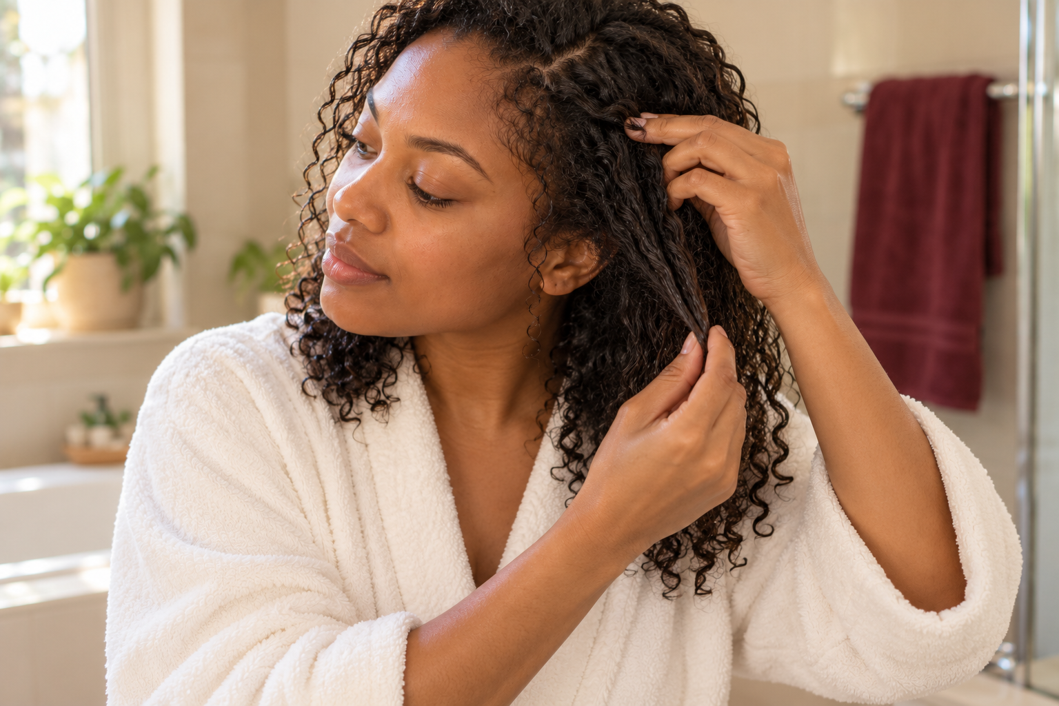 A woman in an ivory robe parts her natural curls near the roots while examining her hair in soft bathroom window light.