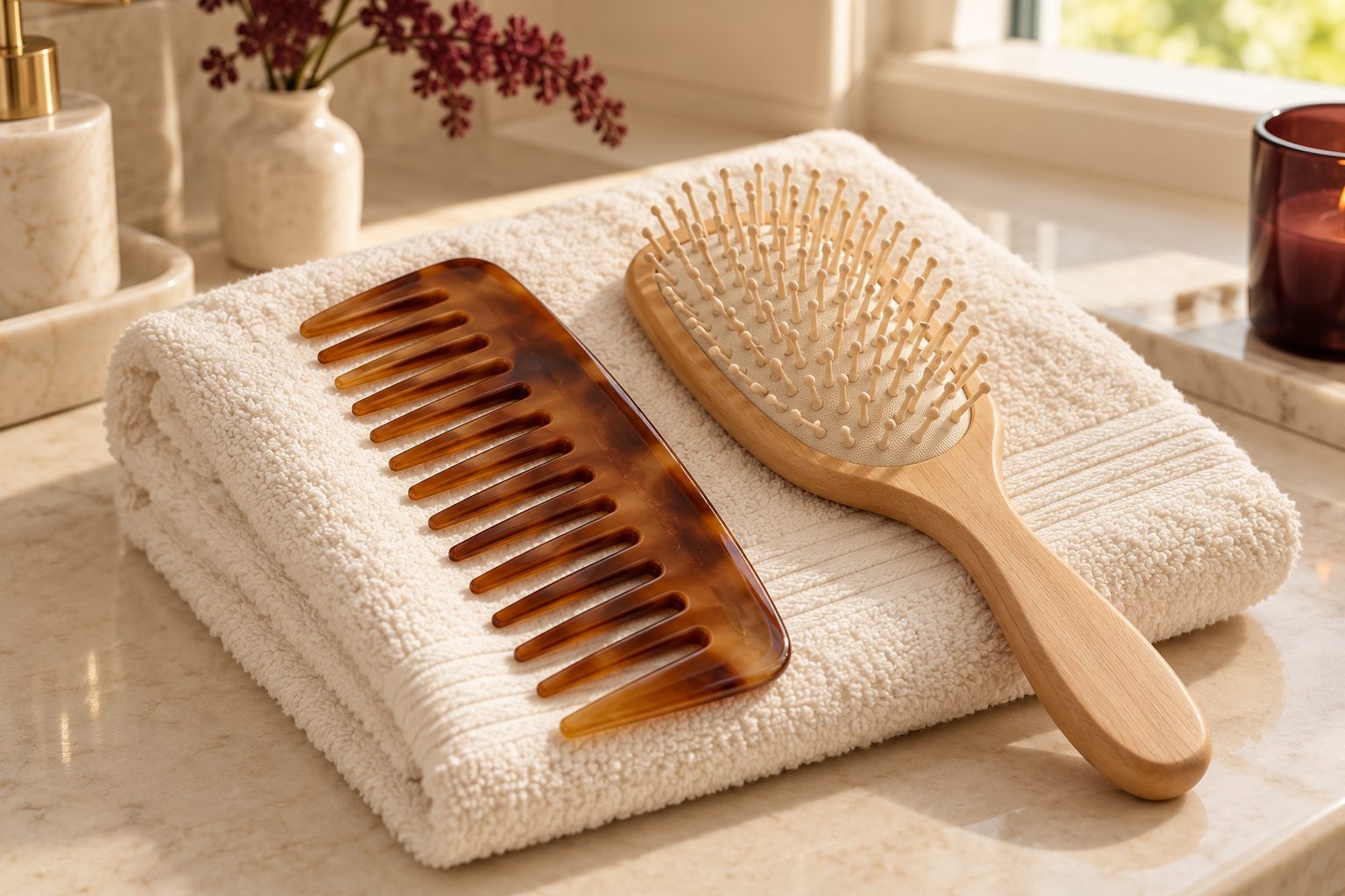 A wide-tooth comb and a soft flexible-bristle brush rest on a folded cream towel on a bathroom counter.