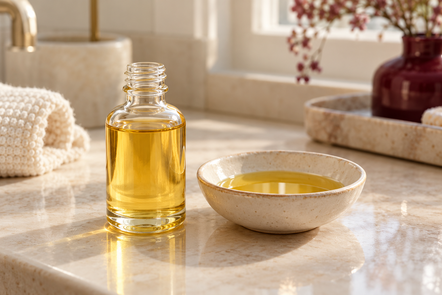 A small clear glass bottle of golden oil sits beside a ceramic bowl of oil on a cream bathroom counter.
