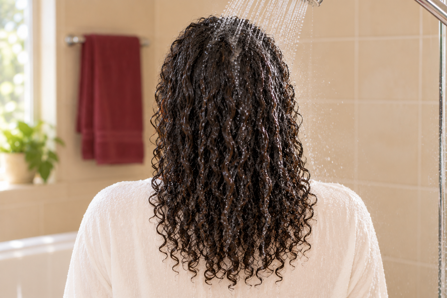 Rear view of a woman in an ivory top as a gentle shower stream lands on her crown and runs down her attached wet curls over her covered shoulders.