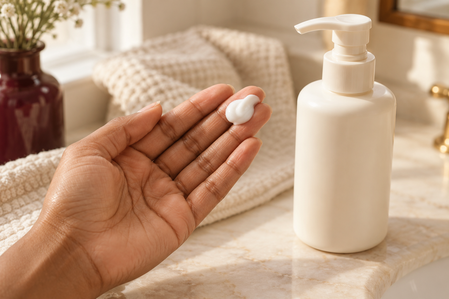 A small amount of leave-in cream on fingertips beside a plain pump bottle.