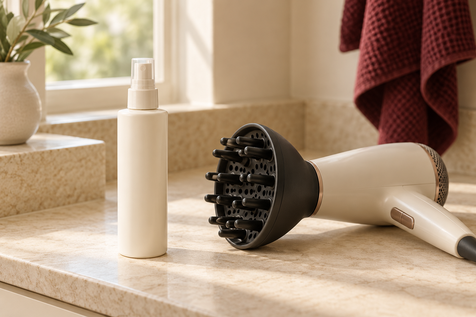 A plain spray bottle and a diffuser blow dryer on a dry cream counter.