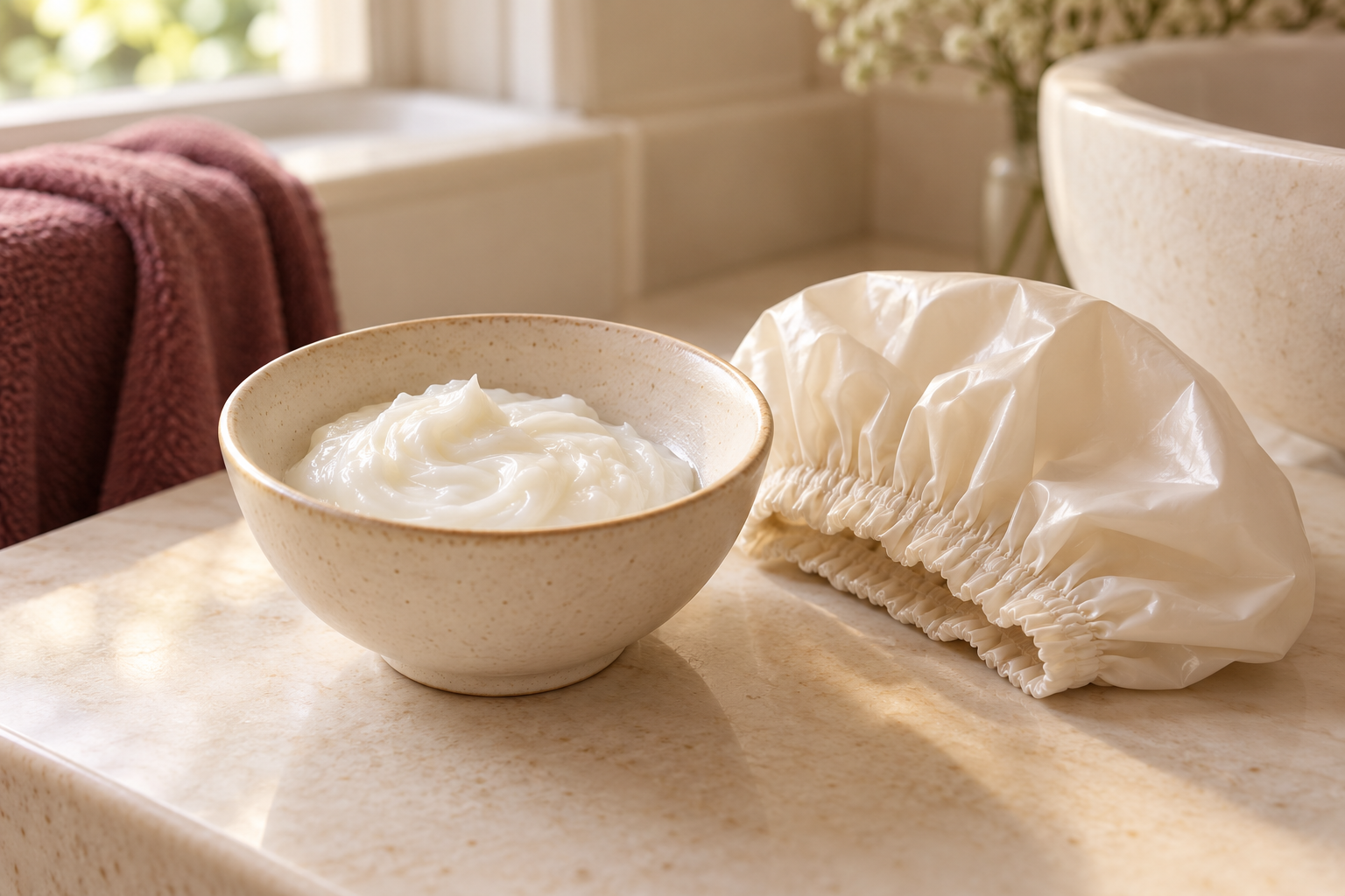 A bowl of deep conditioner beside a simple shower cap on a bathroom counter.