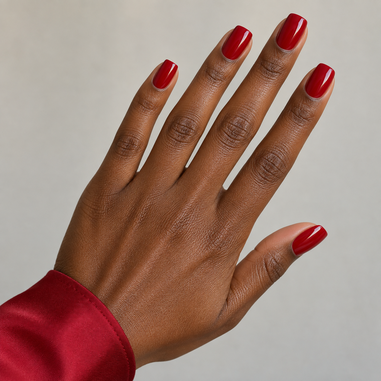 Red manicure black dress pairing