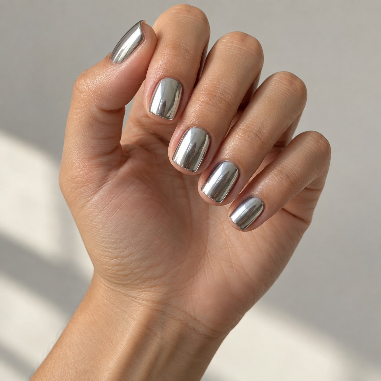 Close-up of a softly curled palm with short classic silver nails.