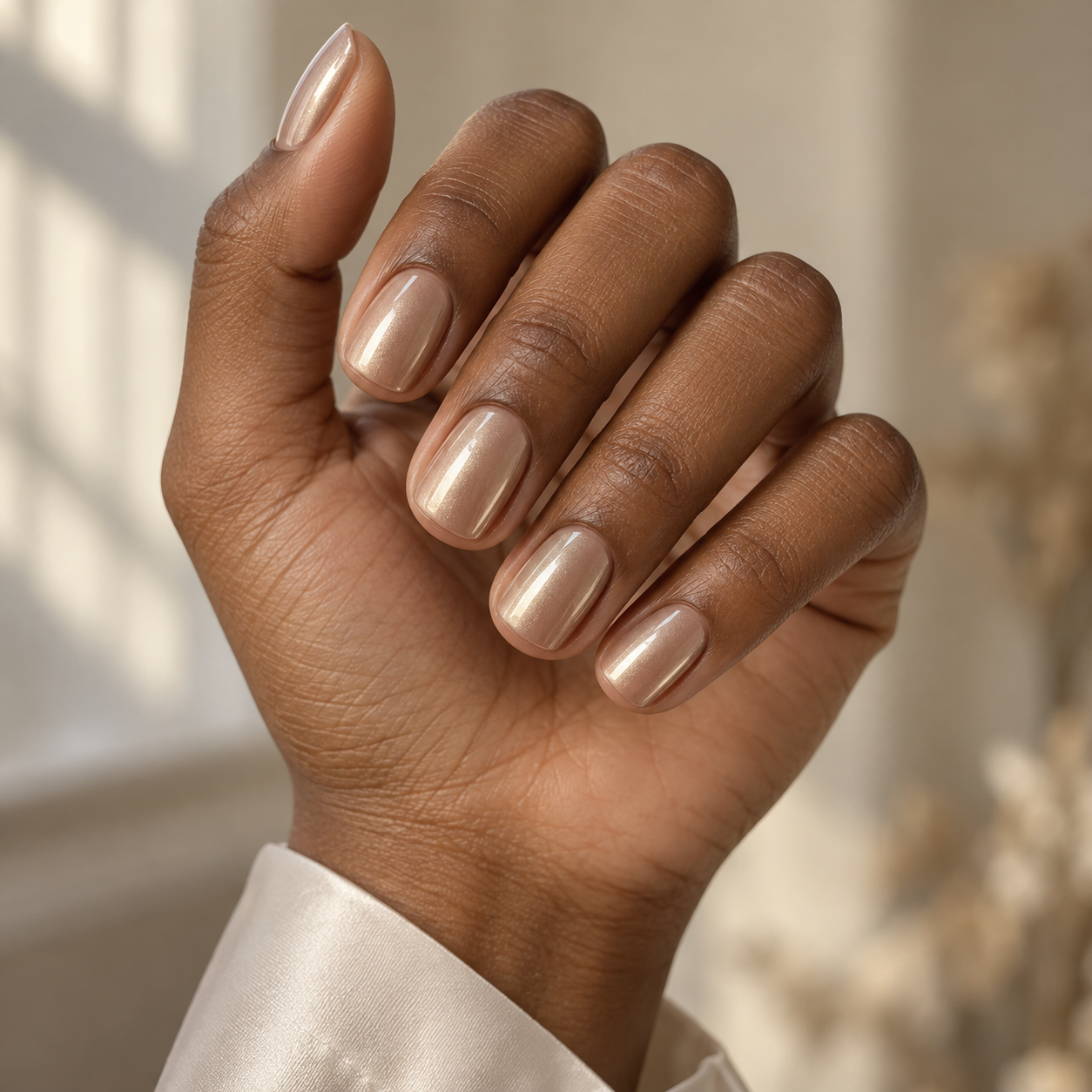 Close-up of short nude champagne nails on a gently curled hand.