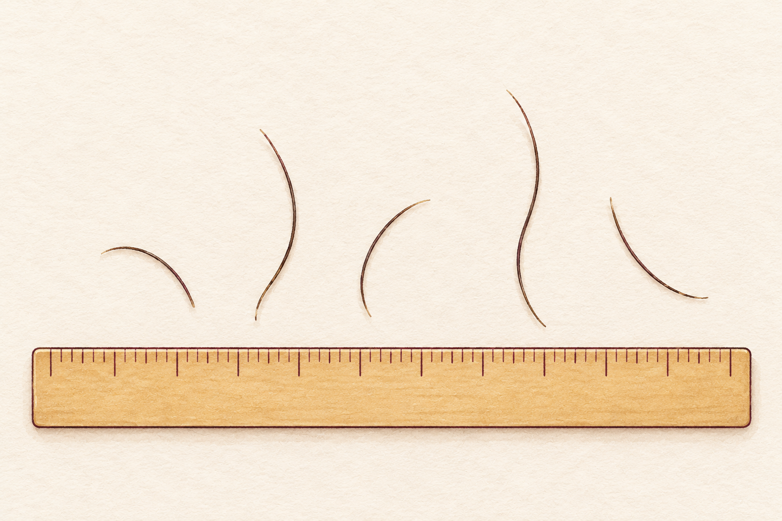 Five separate fine brown hair lines of varied lengths arranged beside a plain ruler.