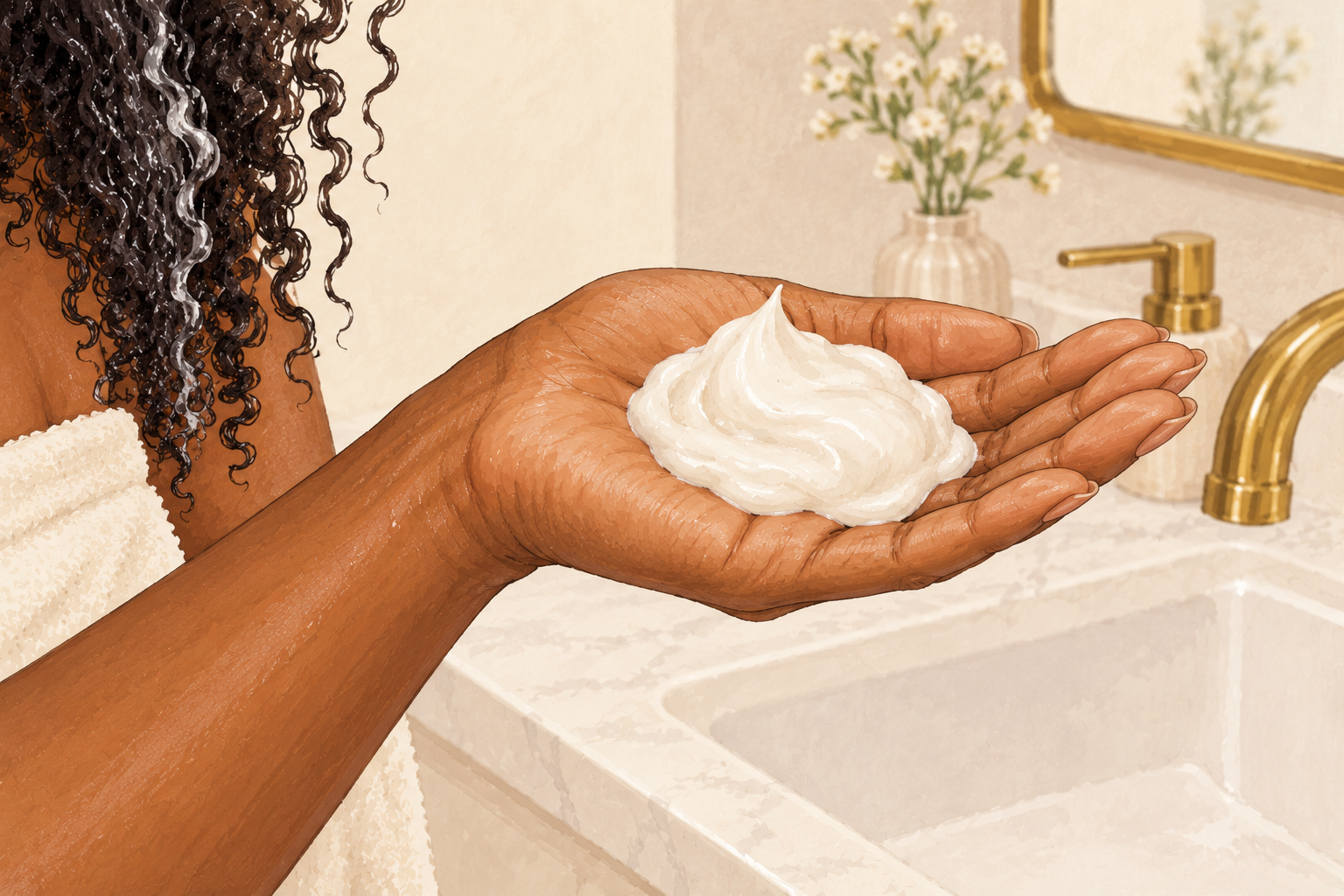 A generous scoop of thick white conditioner rests on an open palm above a bathroom sink.