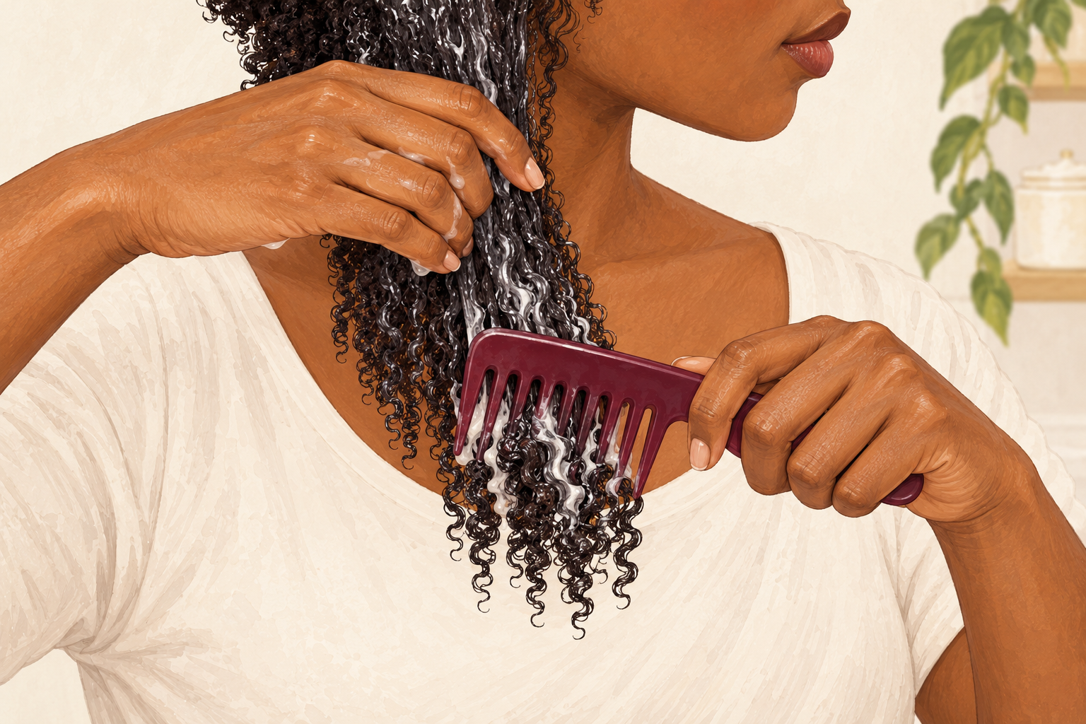 A wide-tooth comb detangles conditioned wet curls while a hand supports the section above the knot.