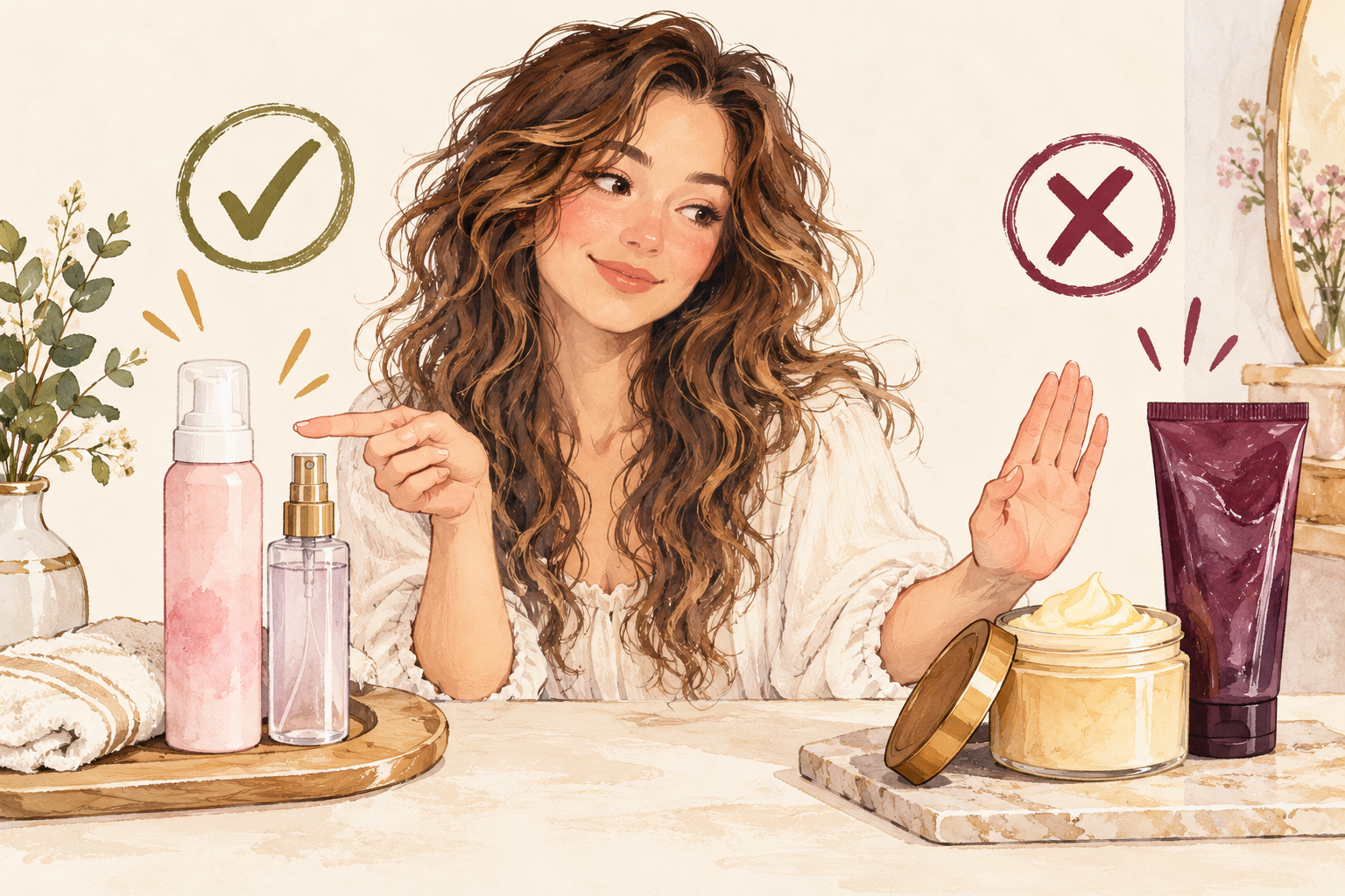 A woman points to light mousse and spray beside a rich butter jar and strong-hold gel.