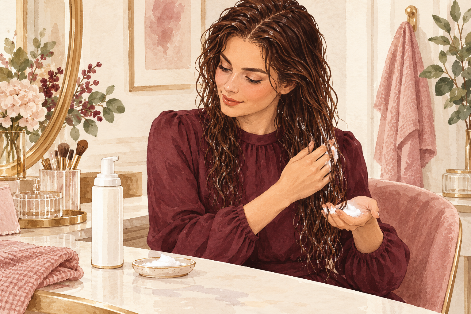 A clothed woman smooths a small amount of mousse through her loose, wet waves.