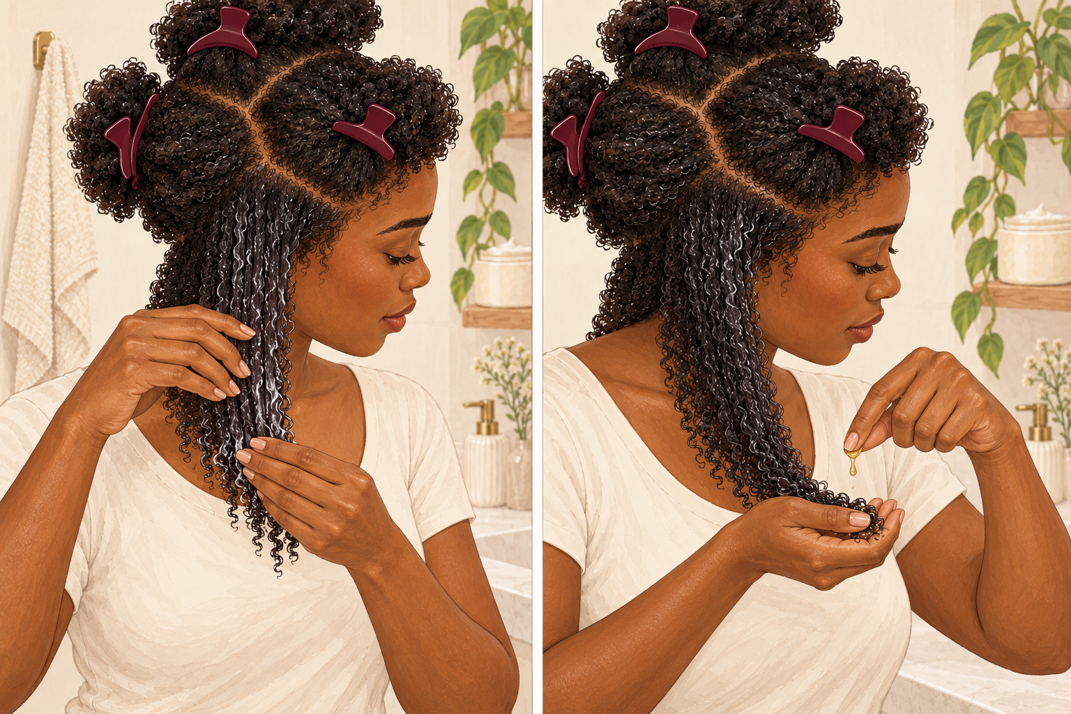 A two-step illustration shows leave-in smoothed through damp coils, followed by a small drop of oil at the ends.