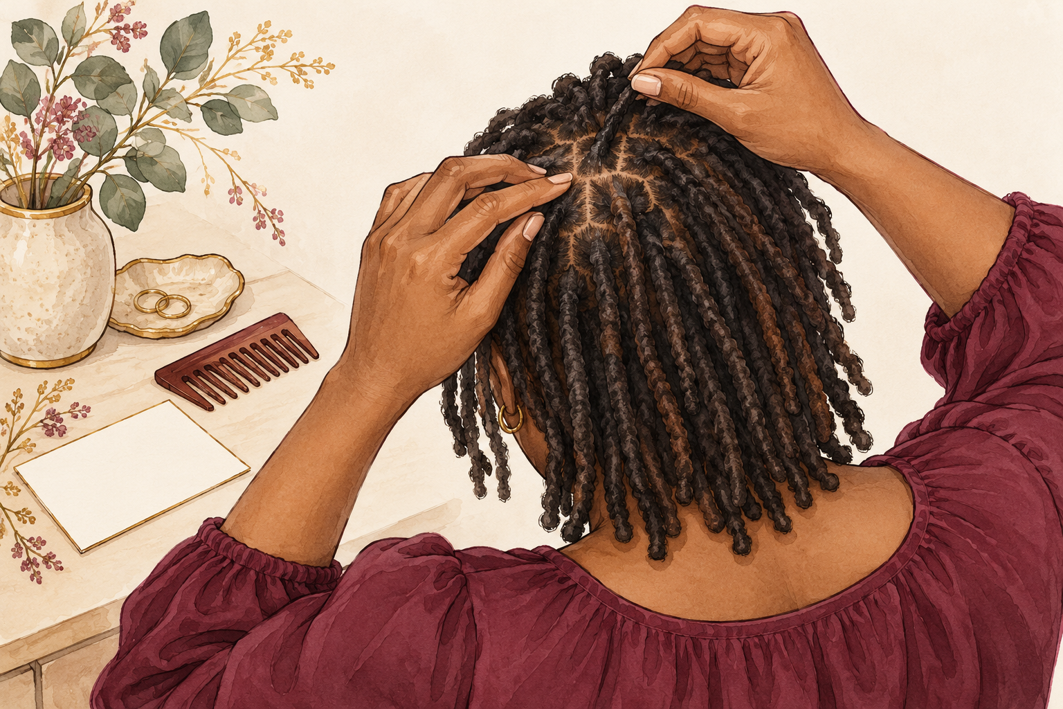 A woman parts a small section between her starter locs to inspect the scalp.
