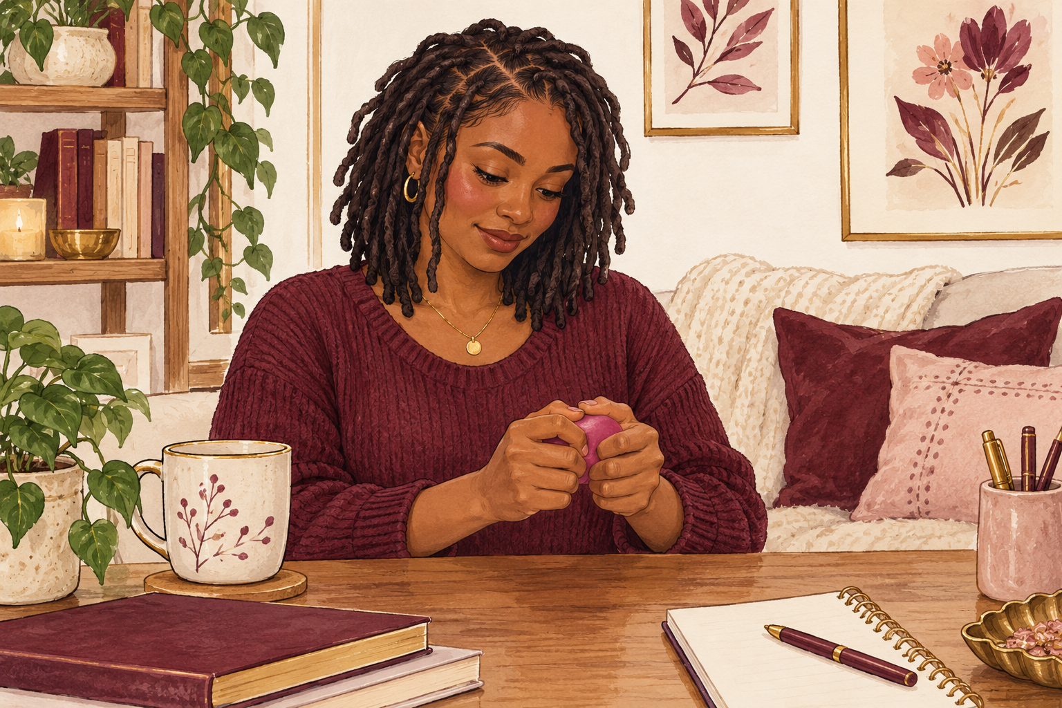 A woman with locs keeps her hands busy with a stress ball.