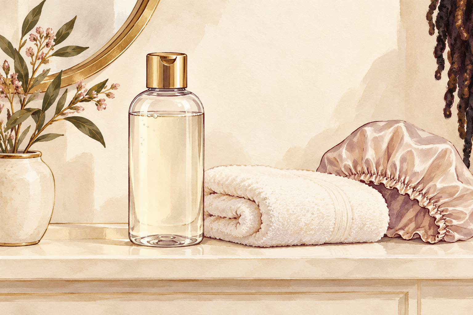 A clear unbranded shampoo bottle, soft towel and wash cap sit beside a few locs.