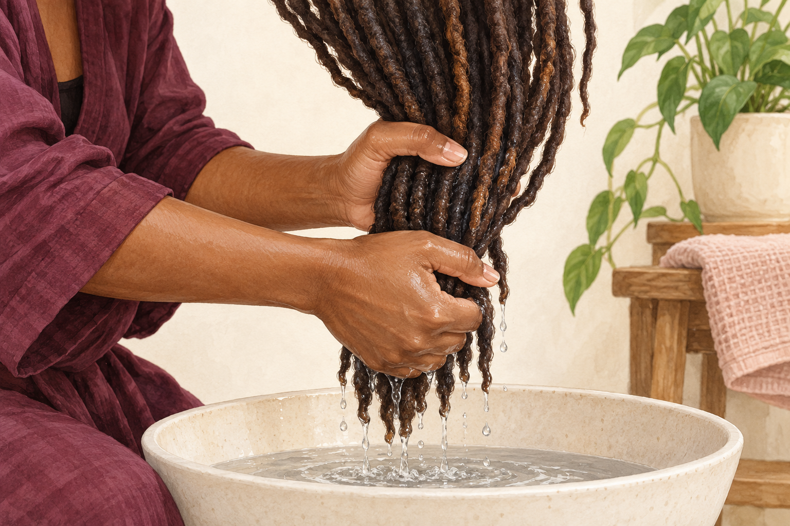 Hands gently squeeze wet locs downward over a basin.