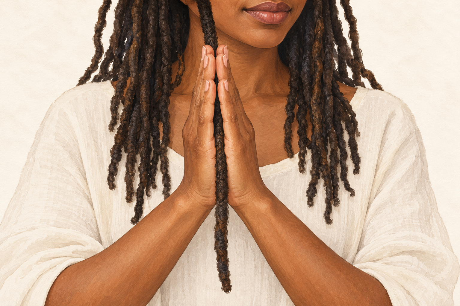 Two palms face each other and gently sandwich a relaxed vertical loc between them, with aligned fingertips and the loc continuing below the wrists.