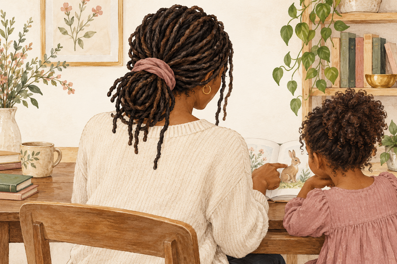A woman with locs wears a loose low bun held by a broad soft band.