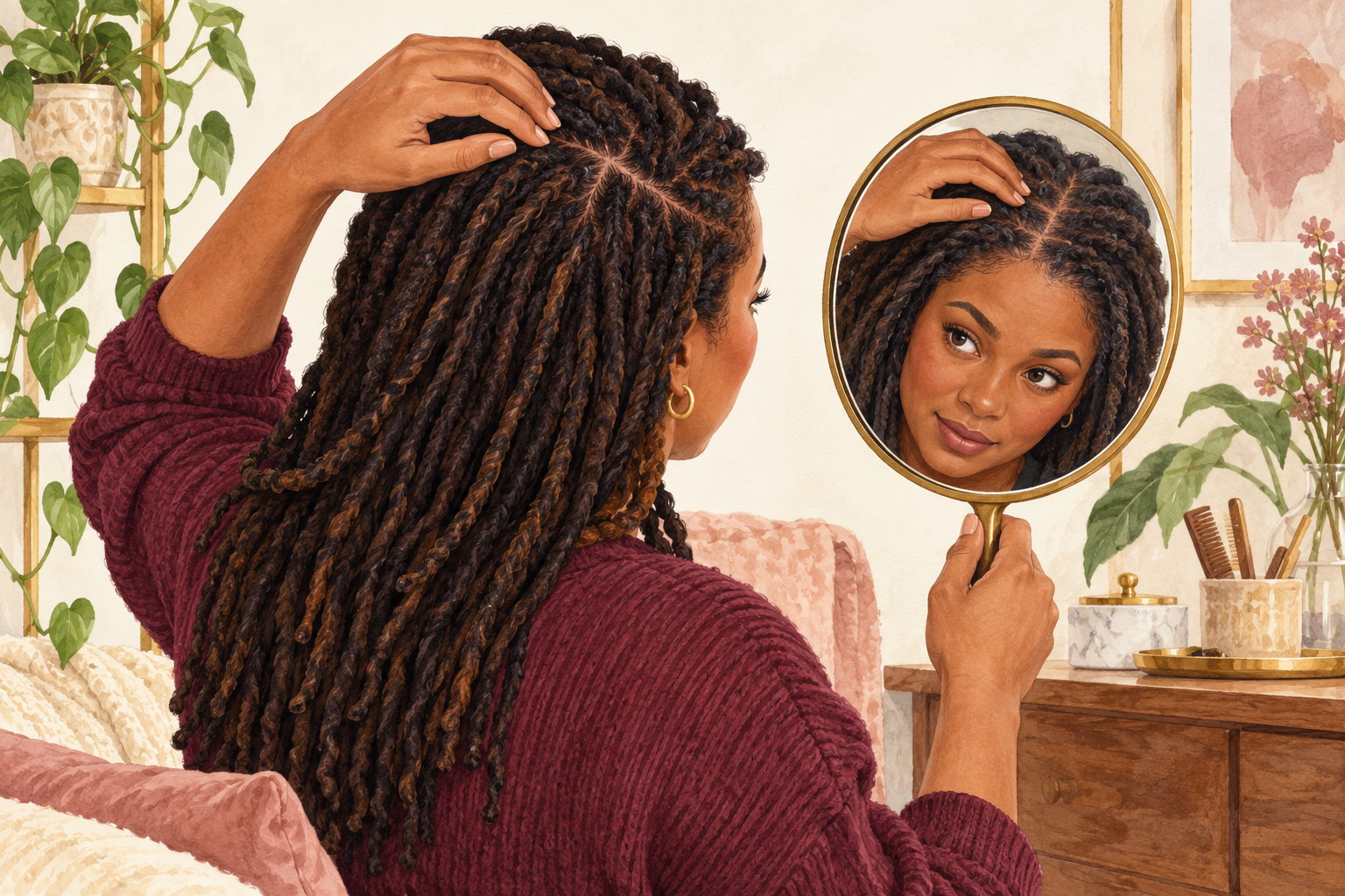 A woman checks a parting between her locs with her fingertips and a hand mirror.