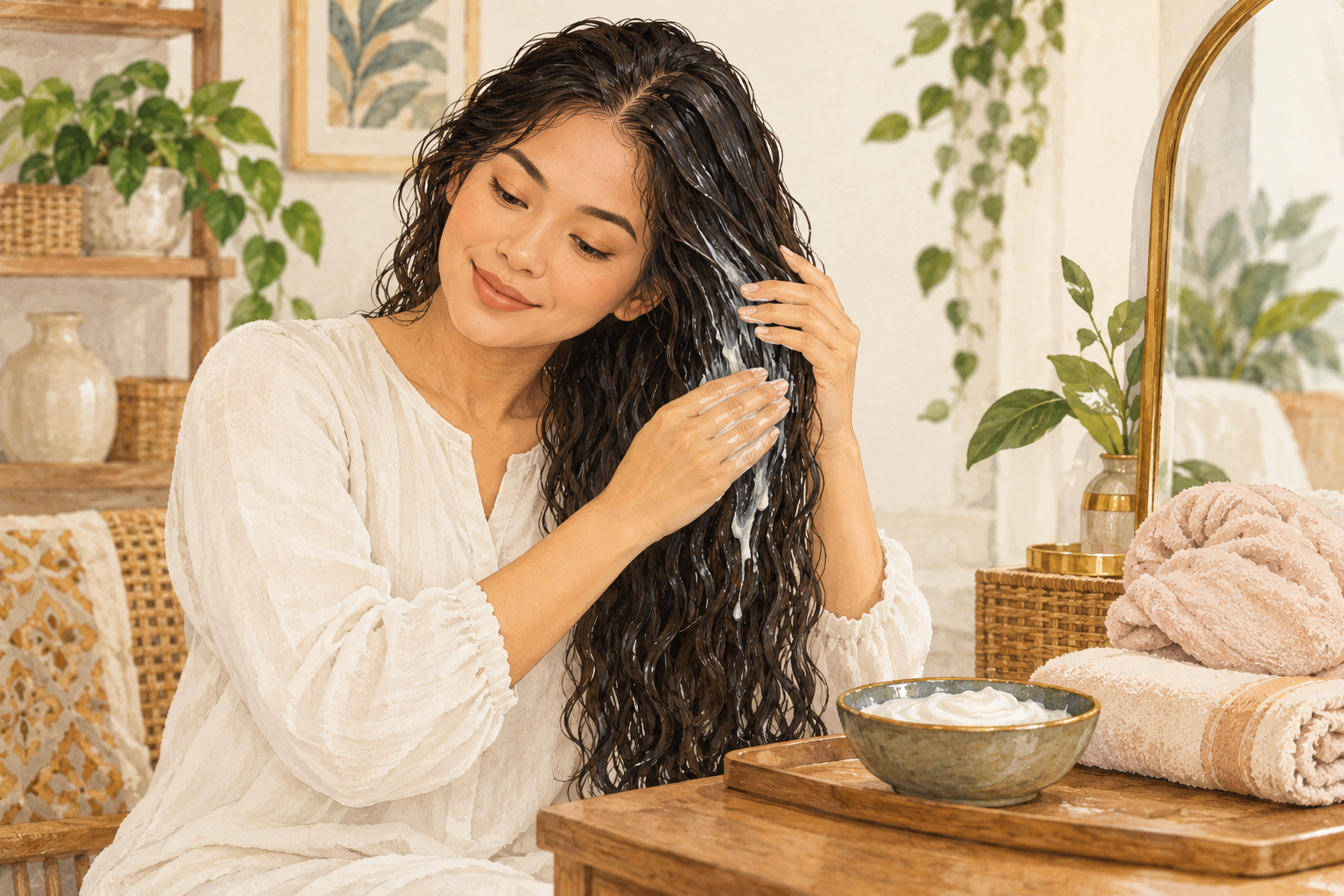 An adult Indonesian woman in an opaque blouse smooths cream conditioner through damp hair beside a warm towel and towel cap.