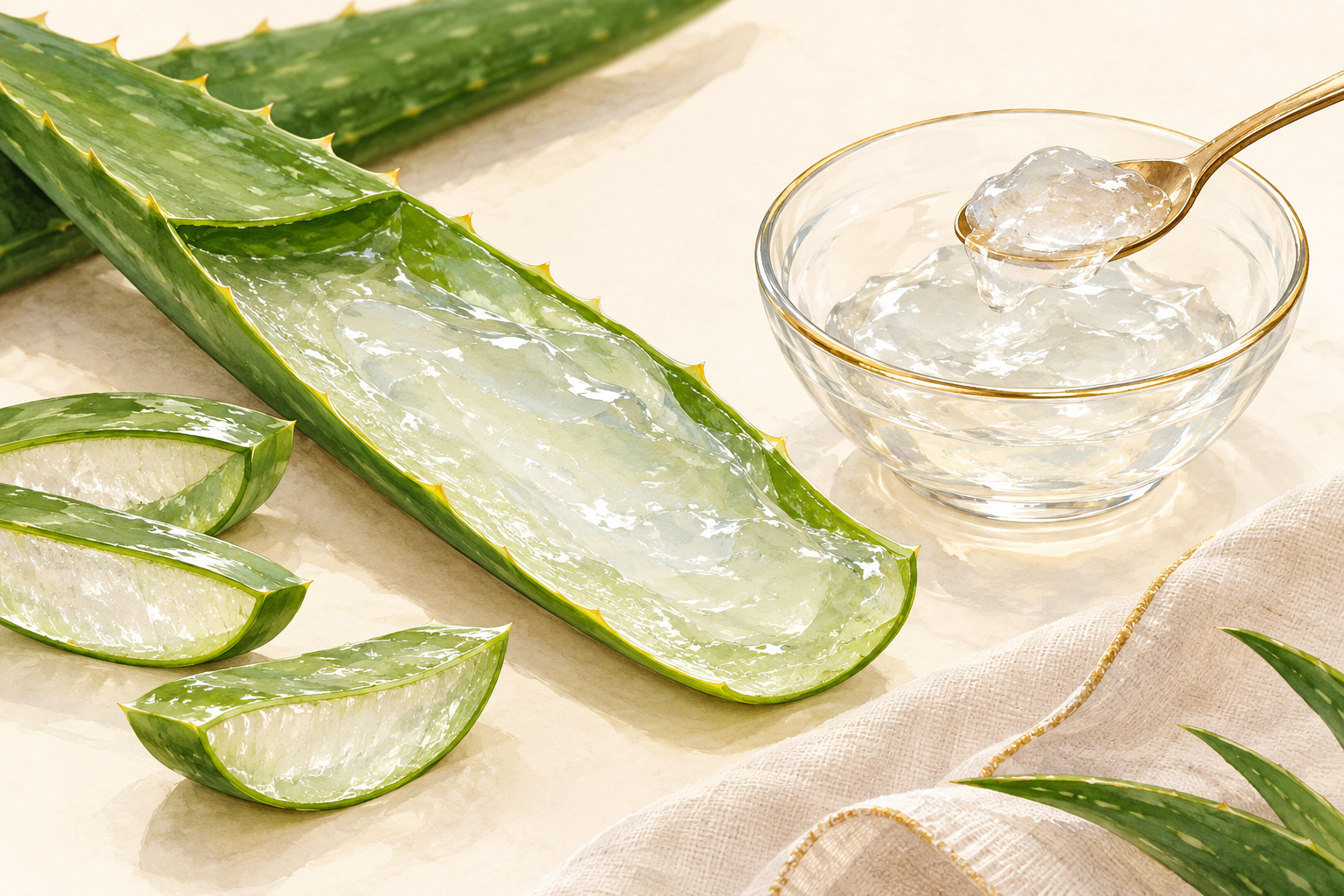 A fresh aloe leaf cut open to show clear gel beside a small dish of transparent gel.