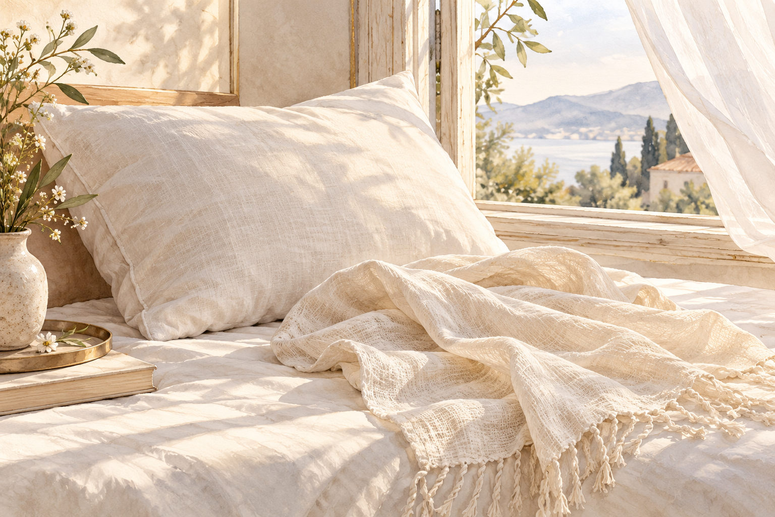 A light cotton pillowcase and woven cotton scarf rest beside an open window.
