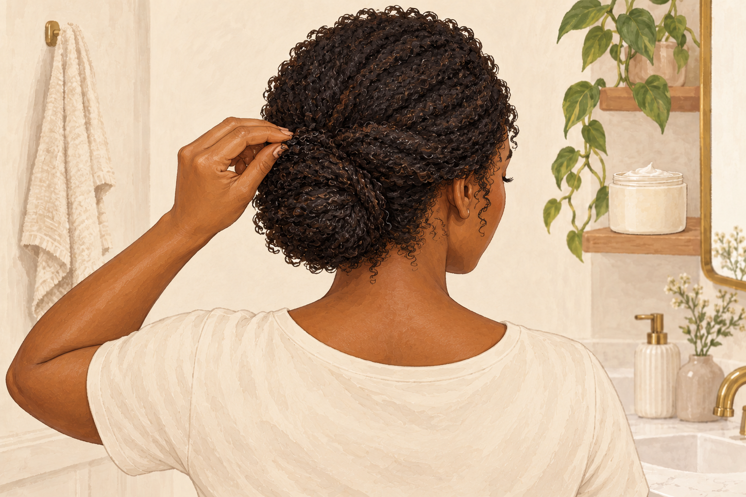 A woman arranges a low braided bun at the nape of her neck.