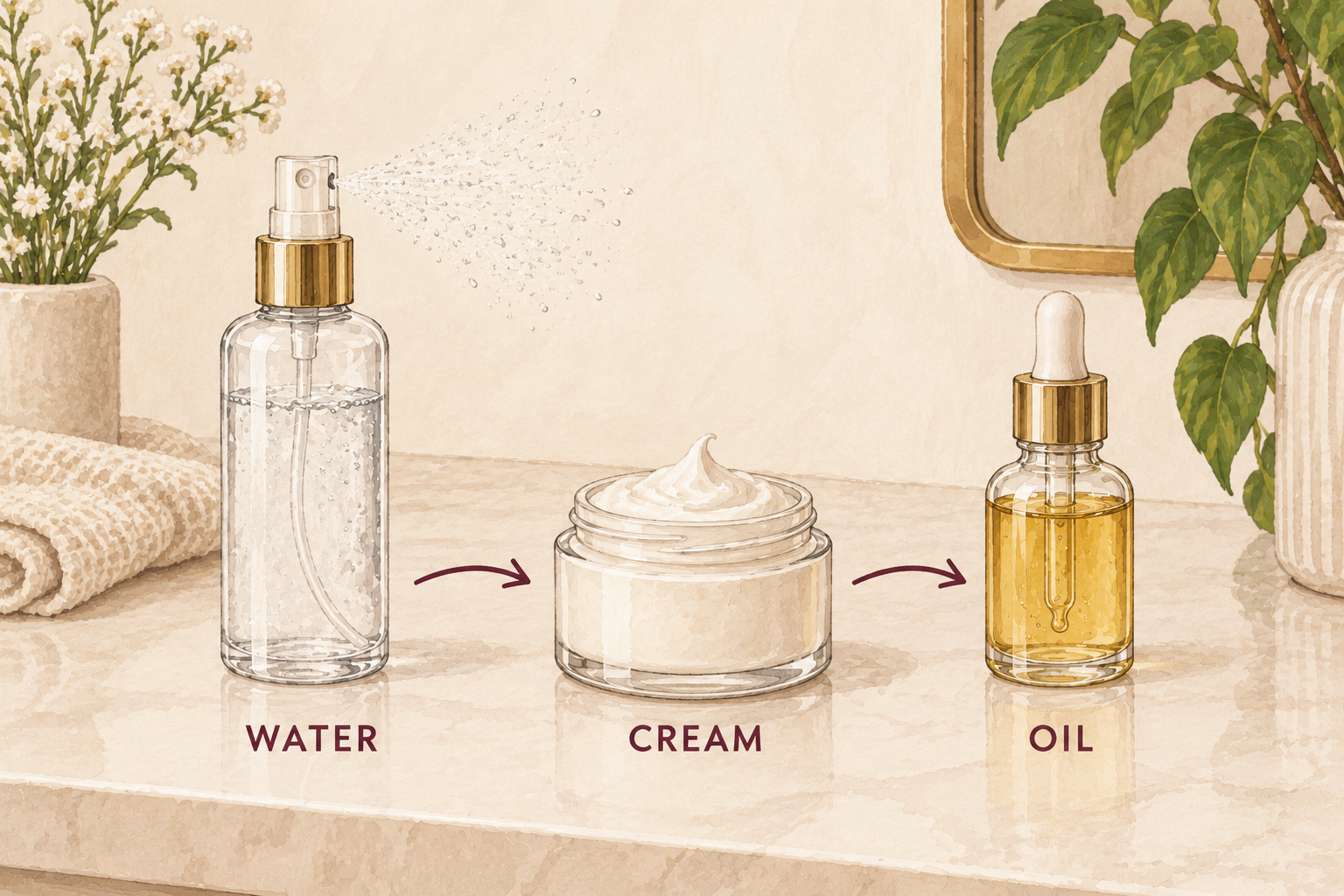 An ordered water, cream, and oil routine is shown with a mist bottle, open cream jar, and dropper bottle.