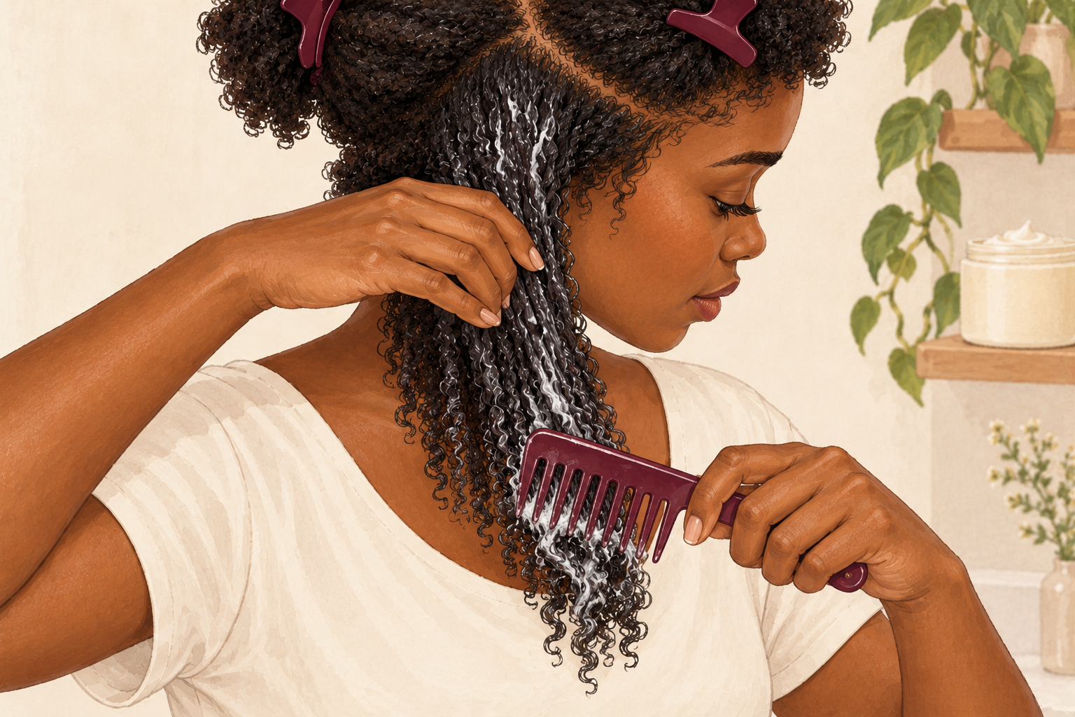 A wide-tooth comb detangles conditioned hair from the ends while a hand supports the section above the knot.