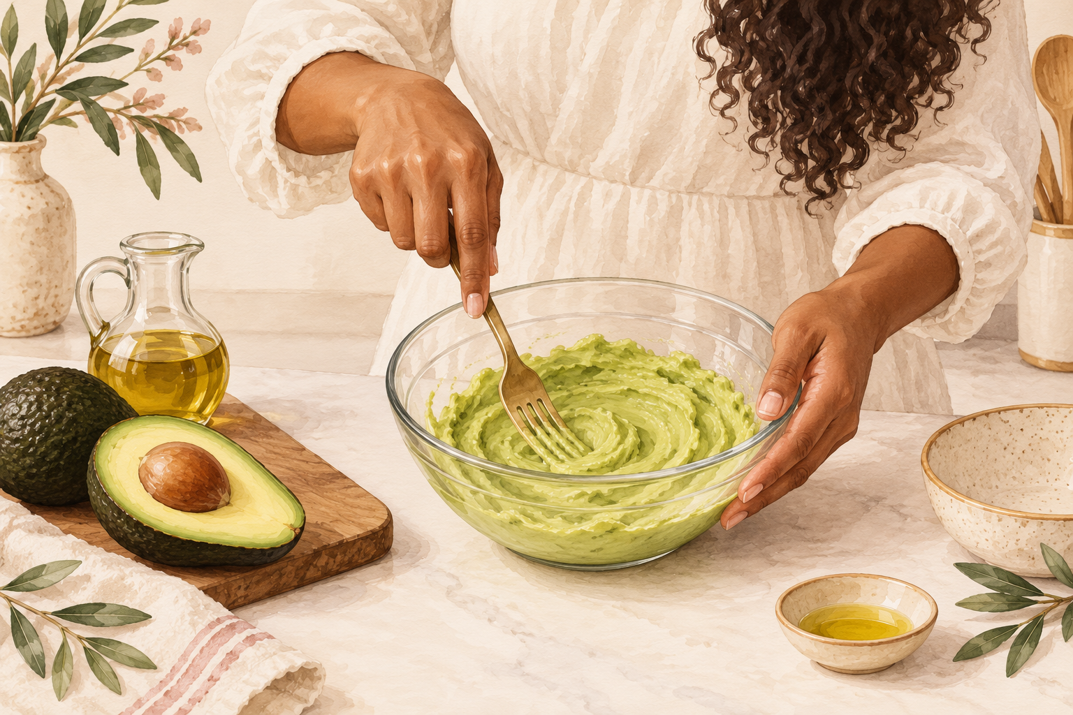 A woman mashes avocado with a fork in a bowl beside olive oil.