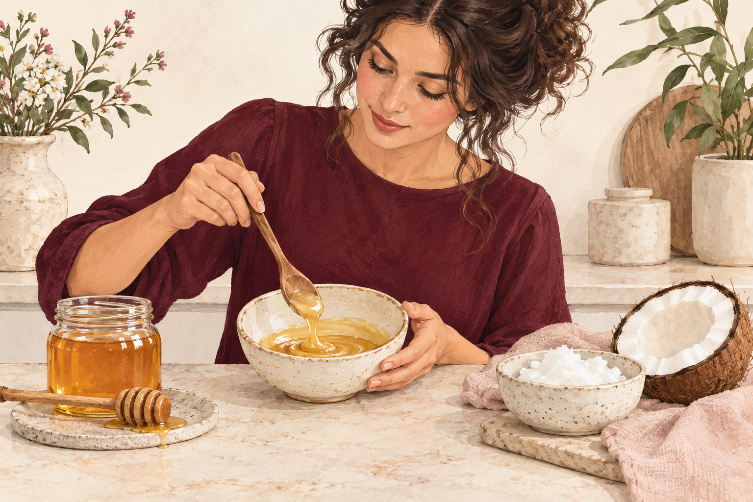 Honey is spooned into a bowl beside coconut oil, ready to mix.